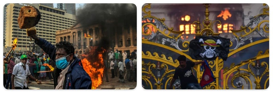 Left hand image: a man wearing a covid mask holds aloft a loaf of bread on a stick, while the Sri Lankan central bank burns in the background. RH image: a young protestor scales the ornate gates of Nepal's parliament, where a pirate flag from One Piece with Luffy's hat has been hung.