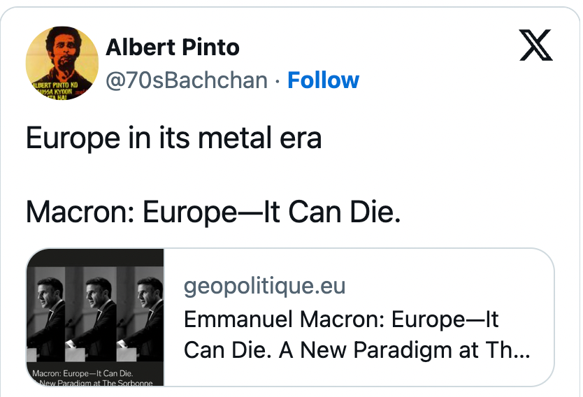 A screenshot of Tim's tweet of the story "Macron: Europe-It Can Die", with Tim calling it "Europe in its metal era". 