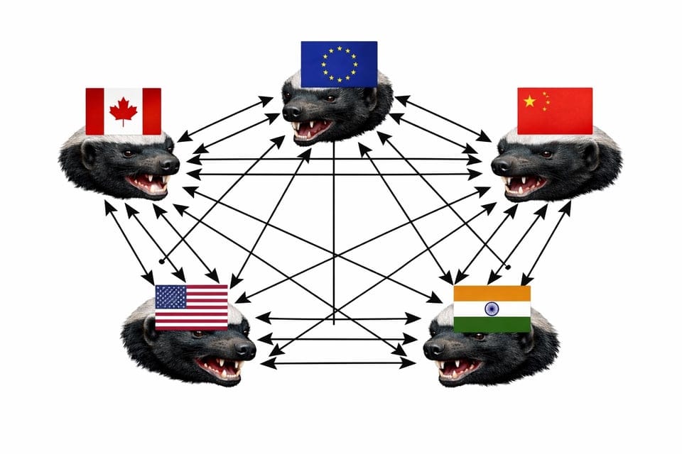 Five bears with arrows. US; Russia; China; Canada; EU.