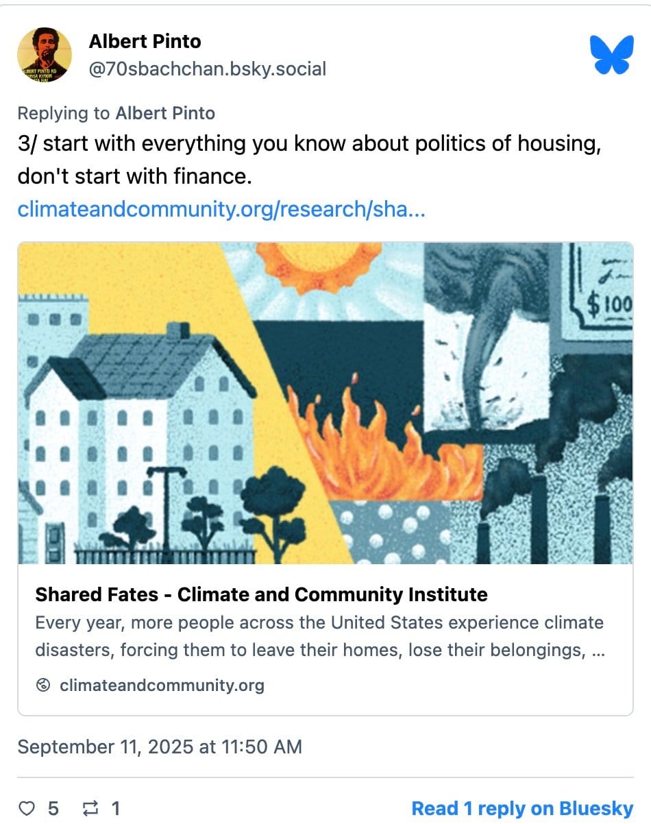 Bsky post from Tim: Start with everythign you know about housing; don't start with finance